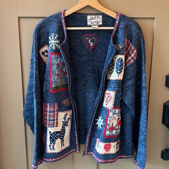 Heirloom Collectibles L Vintage Winter Novelty Embroidered Zipper Cardigan - Picture 6 of 8